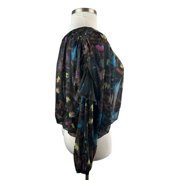Free People Wildflower Honey Printed Blouse Black Multi Mesh Crop Top Small - Picture 9 of 15